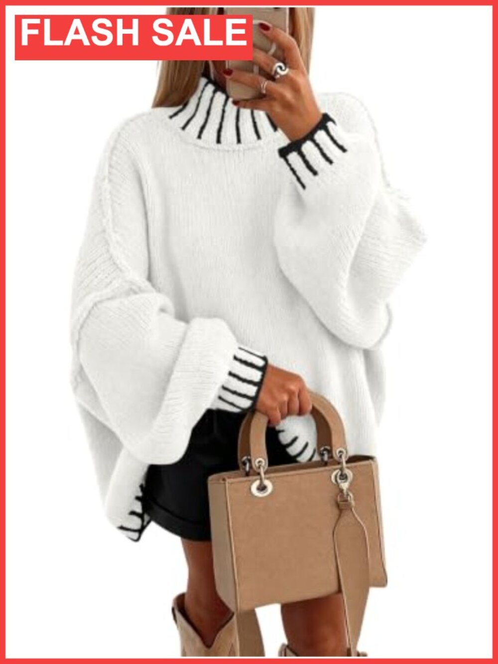Chunky Mock Neck Lantern Sleeve Color Block Pullover Sweater